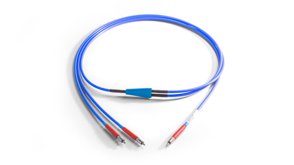 visible-nir bifurcated optical fiber with 50 µm fiber core size, 2 m long, and silicone-coated steel monocoil jacketing.