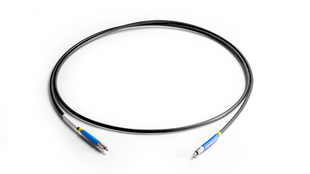 uv-visible optical fiber with 200 µm fiber core size, 2 m long, and silicone-coated steel monocoil jacketing.