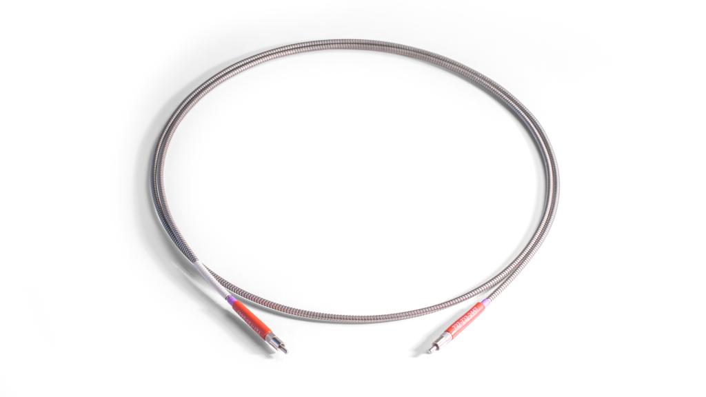 single mode optical fiber with 8 µm fiber core size, 2 m long, and stainless steel bx jacketing. 